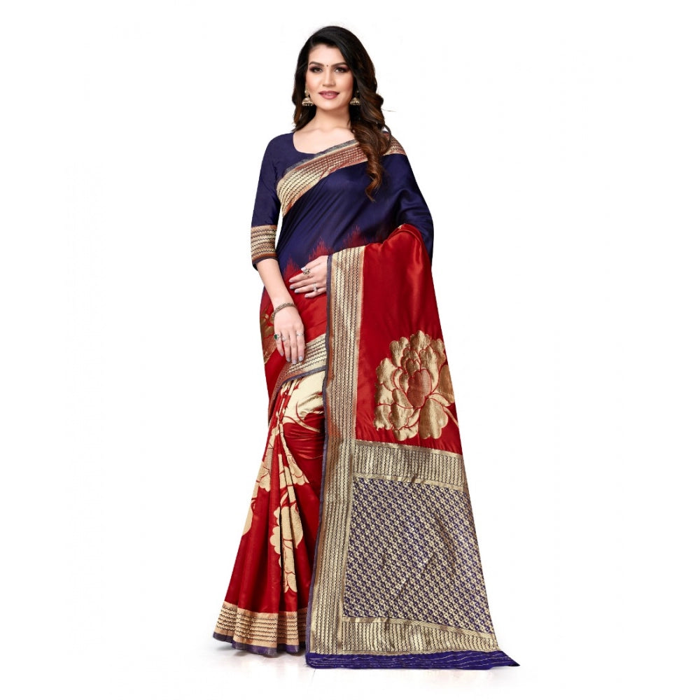 Generic Women's Banarasi Silk Saree With Blouse (Navy Blue, Red, 5-6Mtrs)