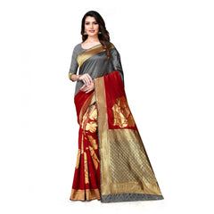 Generic Women's Banarasi Silk Saree With Blouse (Grey, Red, 5-6Mtrs)