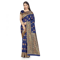 Generic Women's Banarasi Silk Saree With Blouse (Navy Blue, 5-6Mtrs)