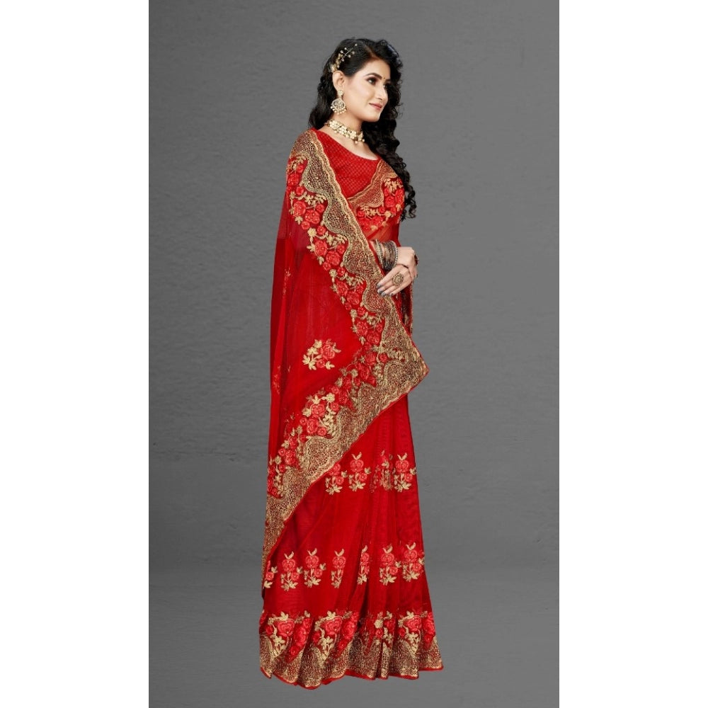 Generic Women's Net Saree With Blouse (Red, 5-6Mtrs)