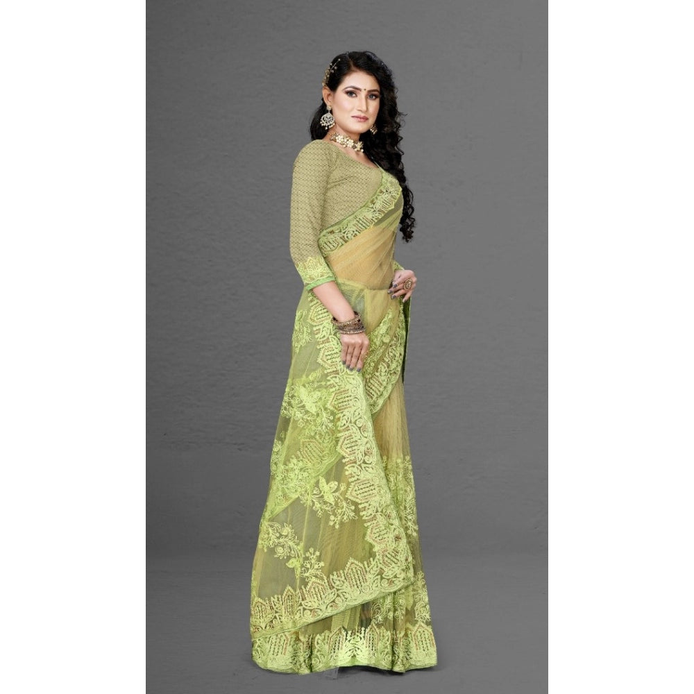 Generic Women's Net Saree With Blouse (Pista Green, 5-6Mtrs)