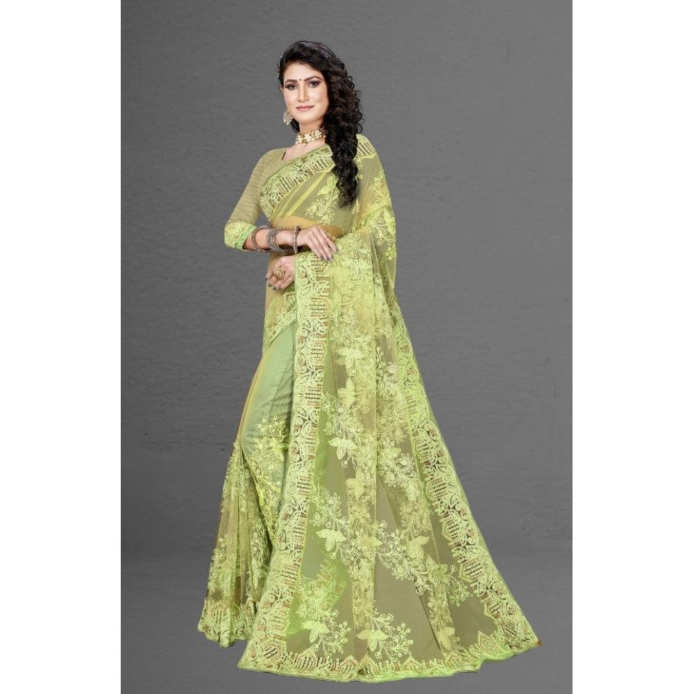 Generic Women's Net Saree With Blouse (Pista Green, 5-6Mtrs)