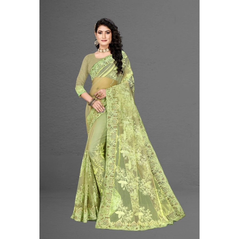 Generic Women's Net Saree With Blouse (Pista Green, 5-6Mtrs)