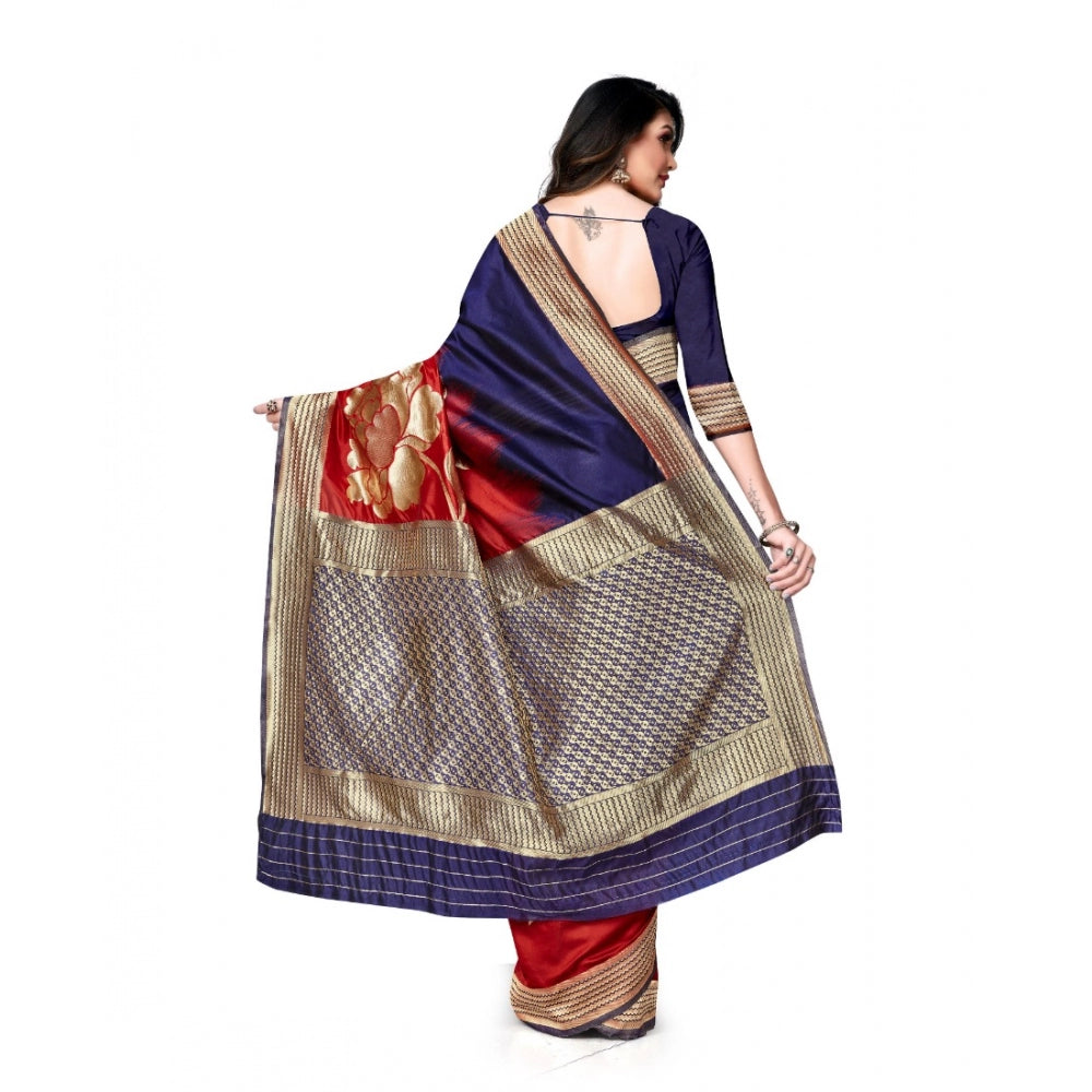 Generic Women's Banarasi Silk Saree With Blouse (Navy Blue, Red, 5-6Mtrs)