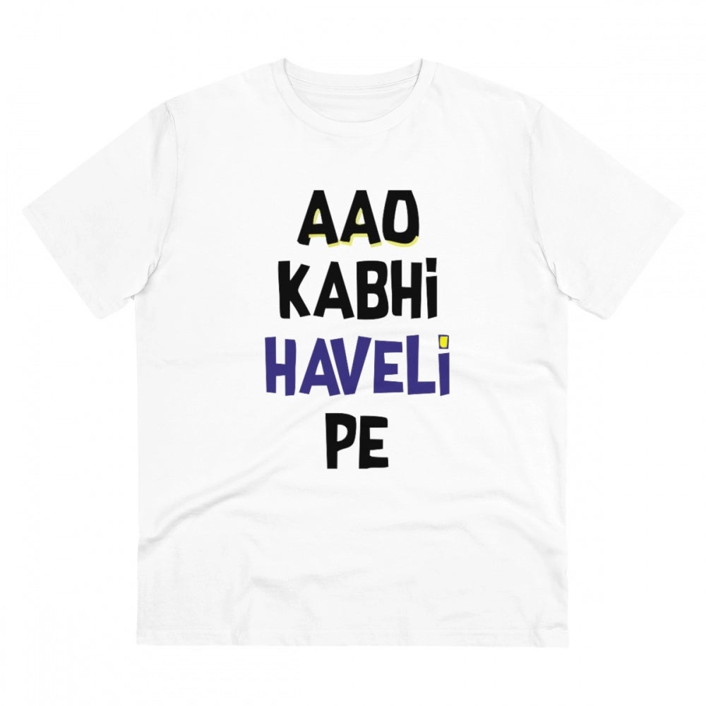 Generisches T-Shirt aus PC-Baumwolle „Aao Kabhi Haveli Pe“ für Herren mit Aufdruck (Farbe: Weiß, Fadendichte: 180 g/m²)