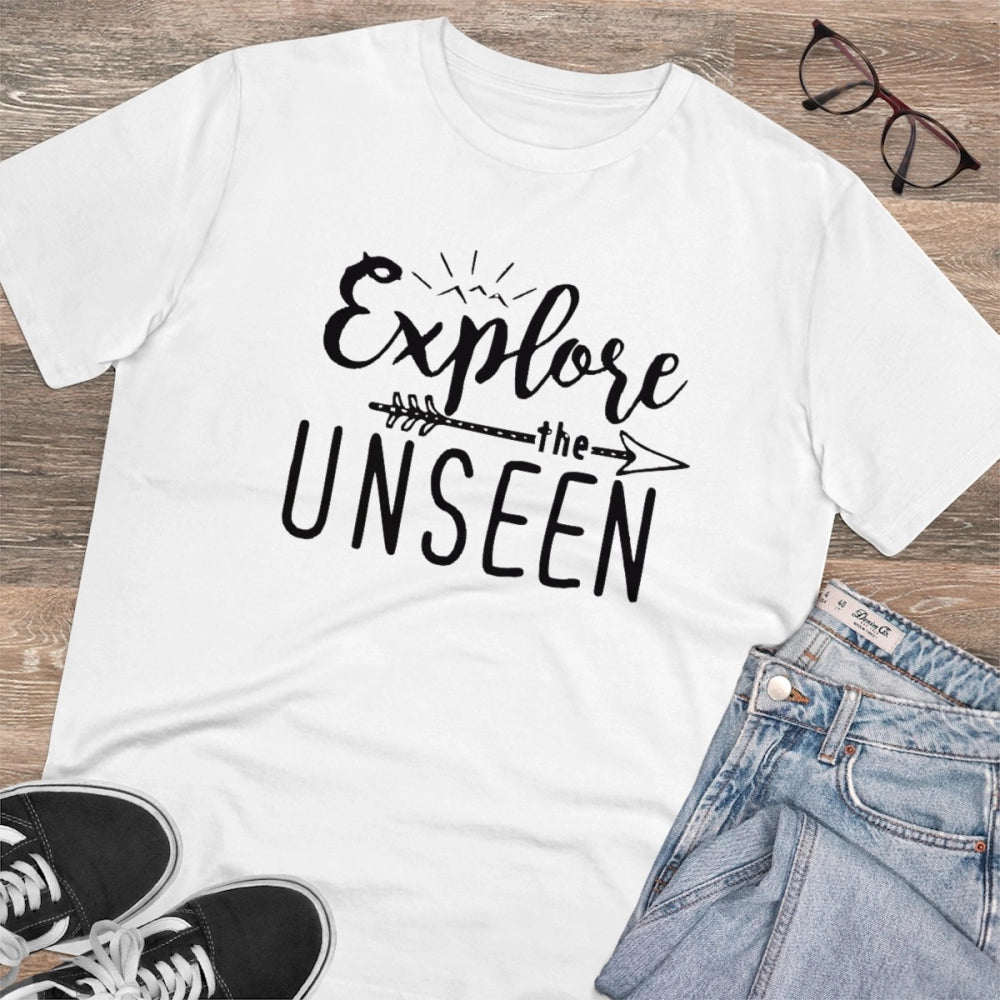 Generisches bedrucktes T-Shirt „Explore The Unseen“ aus PC-Baumwolle für Herren (Farbe: Weiß, Fadendichte: 180 g/m²)