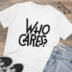 Generisches T-Shirt für Herren aus PC-Baumwolle mit Aufdruck „Who Cares“ (Farbe: Weiß, Fadendichte: 180 g/m²)