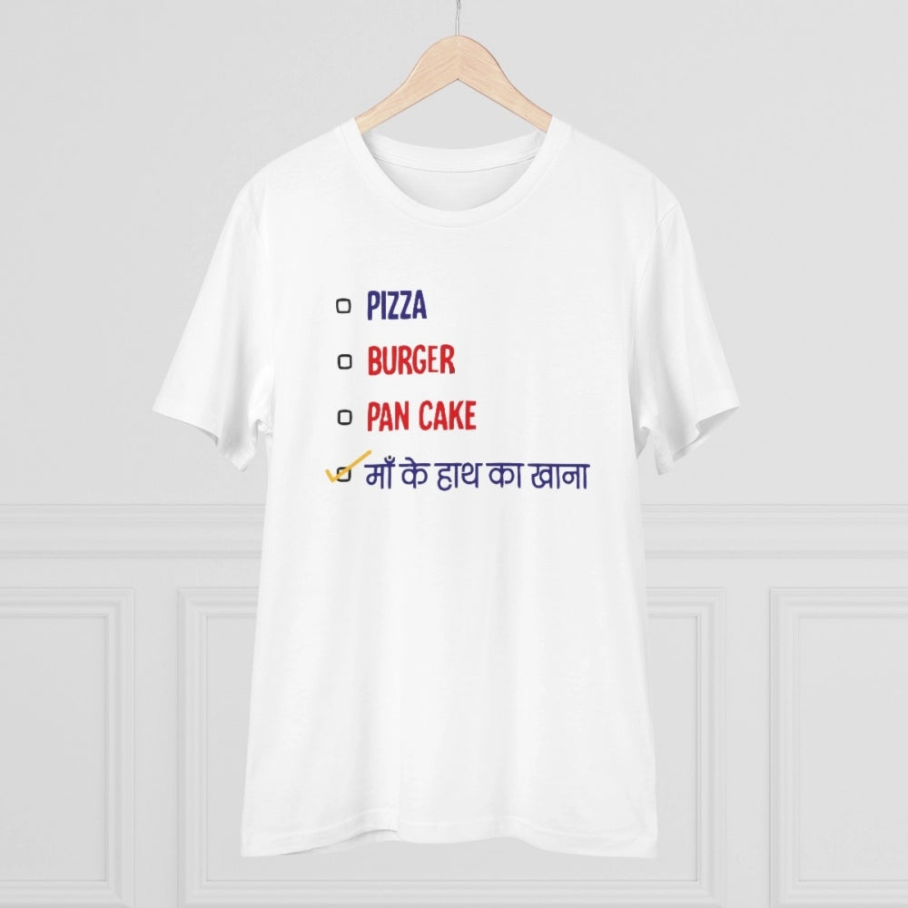 Generisches T-Shirt aus PC-Baumwolle mit Aufdruck „Pizza, Burger, Pan Cake Maa Ke Hath Ka Khana“ für Herren (Farbe: Weiß, Fadendichte: 180 g/m²)