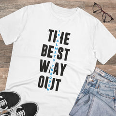 Generisches T-Shirt aus PC-Baumwolle für Herren mit Aufdruck „The Best Way Out“ (Farbe: Weiß, Fadendichte: 180 g/m²)