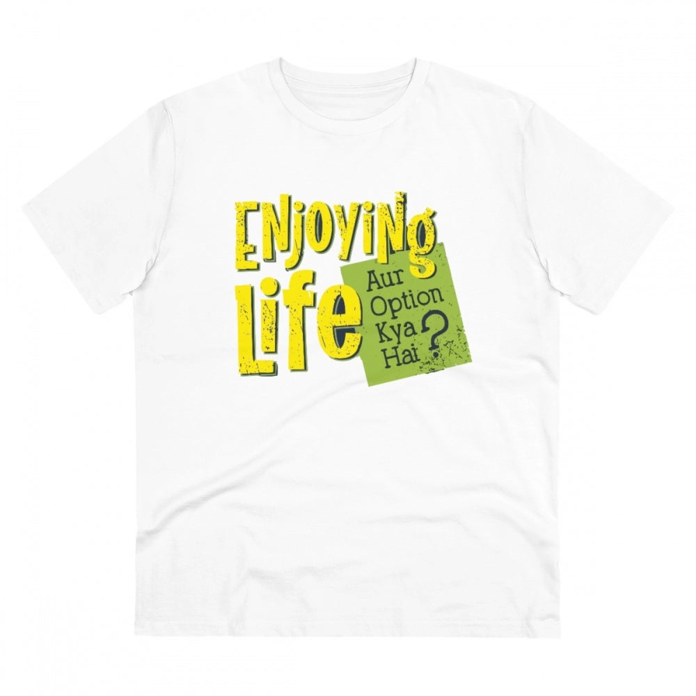 Generisches T-Shirt mit Aufdruck „Enjoying Life“ aus PC-Baumwolle für Herren (Farbe: Weiß, Fadendichte: 180 g/m²)