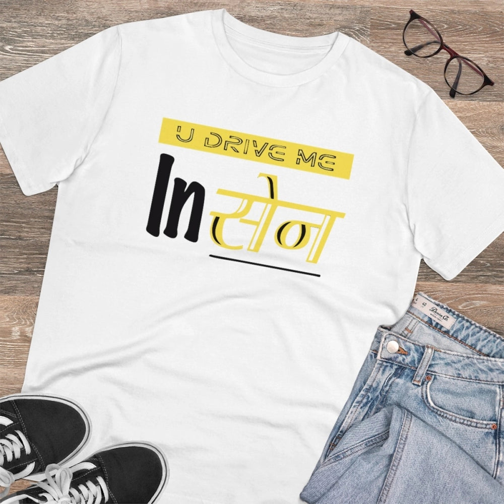 Generisches T-Shirt aus PC-Baumwolle mit Aufdruck „U Drive Me In Sen“ für Herren (Farbe: Weiß, Fadendichte: 180 g/m²)