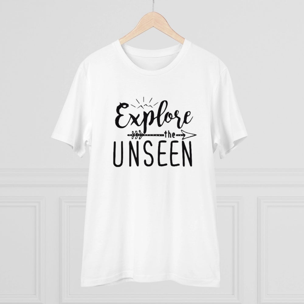 Generisches bedrucktes T-Shirt „Explore The Unseen“ aus PC-Baumwolle für Herren (Farbe: Weiß, Fadendichte: 180 g/m²)