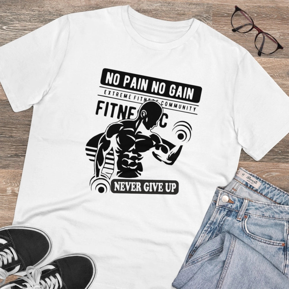 Generisches T-Shirt aus PC-Baumwolle für das Fitnessstudio „No Pain No Gain Never Give Up“ mit Aufdruck für Herren (Farbe: Weiß, Fadendichte: 180 g/m²)