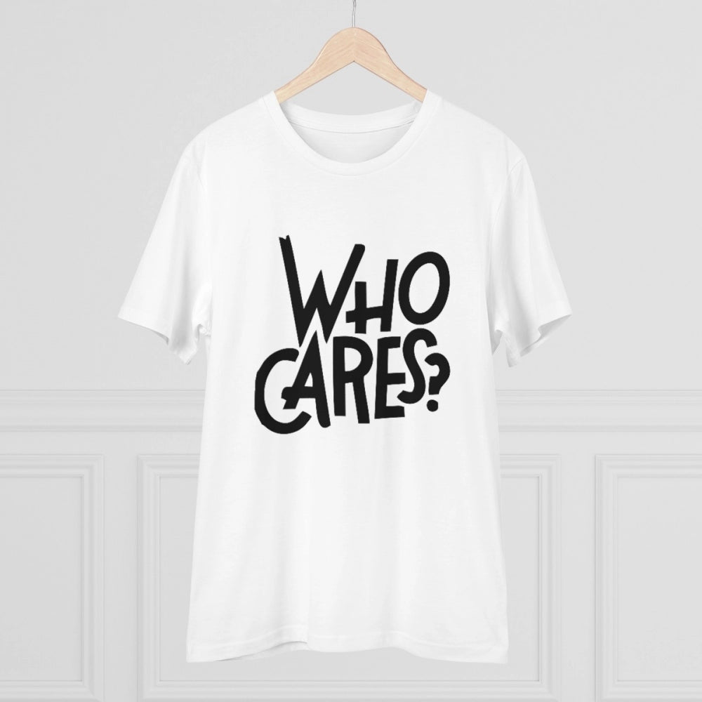 Generisches T-Shirt für Herren aus PC-Baumwolle mit Aufdruck „Who Cares“ (Farbe: Weiß, Fadendichte: 180 g/m²)