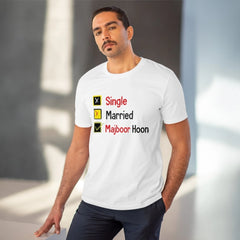 Generisches T-Shirt aus PC-Baumwolle für Herren mit Aufdruck „Single Married Majbur“ (Farbe: Weiß, Fadendichte: 180 g/m²)