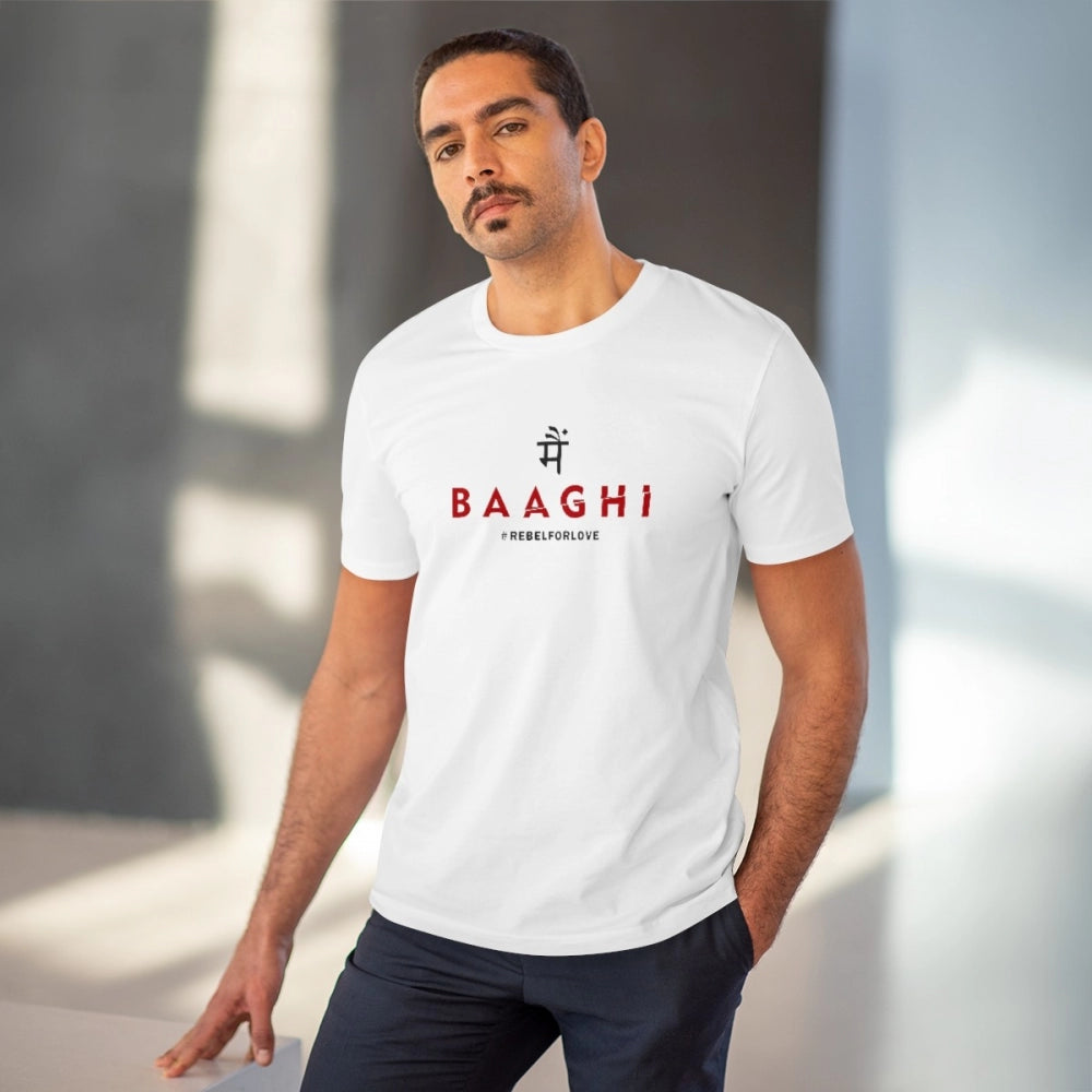 Generisches T-Shirt mit Aufdruck „Me Bhaghi“ aus PC-Baumwolle für Herren (Farbe: Weiß, Fadendichte: 180 g/m²)