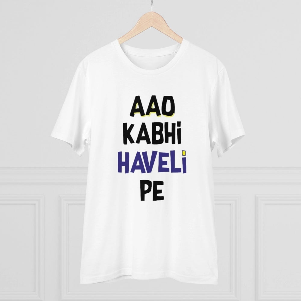 Generisches T-Shirt aus PC-Baumwolle „Aao Kabhi Haveli Pe“ für Herren mit Aufdruck (Farbe: Weiß, Fadendichte: 180 g/m²)