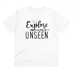 Generisches bedrucktes T-Shirt „Explore The Unseen“ aus PC-Baumwolle für Herren (Farbe: Weiß, Fadendichte: 180 g/m²)