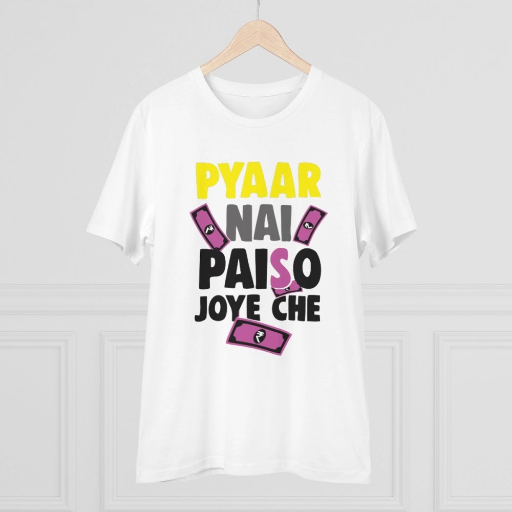 Generic Men's PC Cotton Pyaar Nay Paisa Joy Che Printed T Shirt (Color: White, Thread Count: 180GSM)