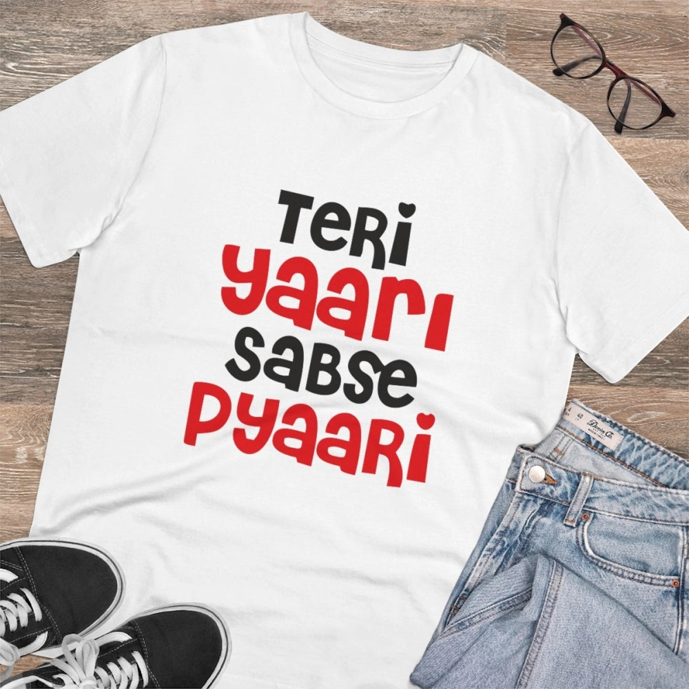 Generic Men's PC Cotton Teri Yaari Sabse Pyaari Printed T Shirt (Color: White, Thread Count: 180GSM)