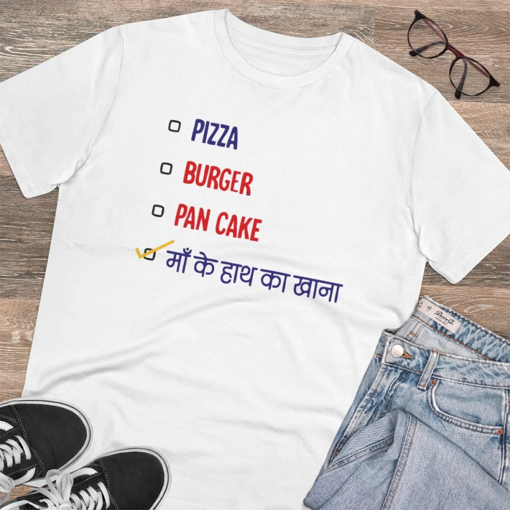 Generisches T-Shirt aus PC-Baumwolle mit Aufdruck „Pizza, Burger, Pan Cake Maa Ke Hath Ka Khana“ für Herren (Farbe: Weiß, Fadendichte: 180 g/m²)