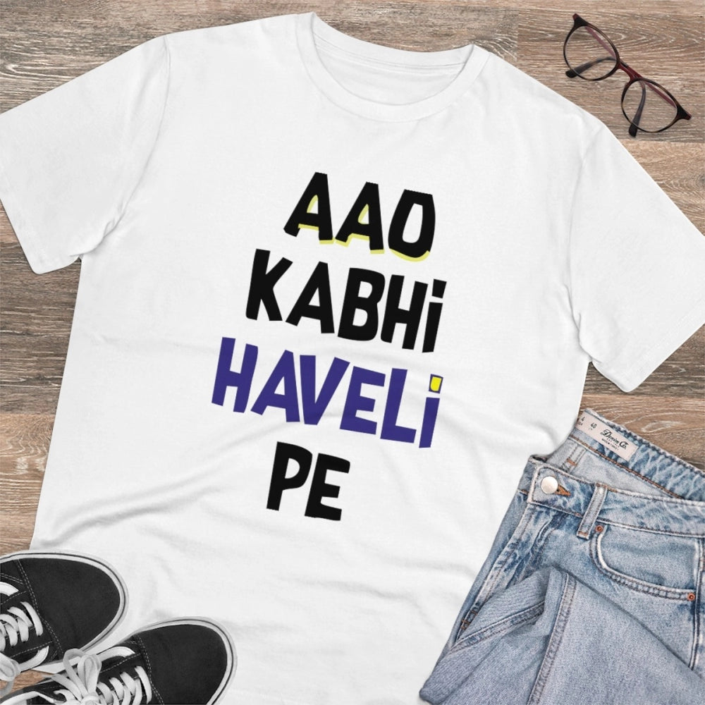 Generisches T-Shirt aus PC-Baumwolle „Aao Kabhi Haveli Pe“ für Herren mit Aufdruck (Farbe: Weiß, Fadendichte: 180 g/m²)