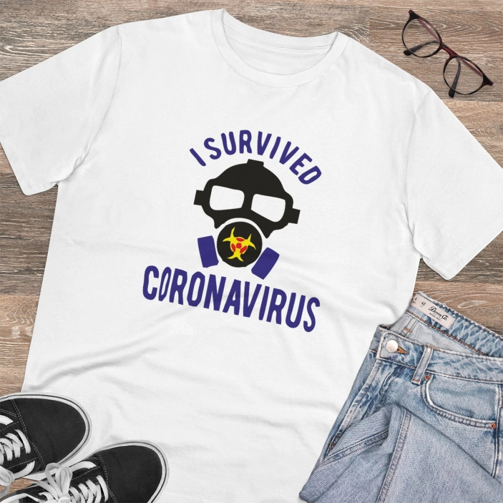 Generic Men's PC Cotton I Survived Coronavirus Printed T Shirt (Color: White, Thread Count: 180GSM)