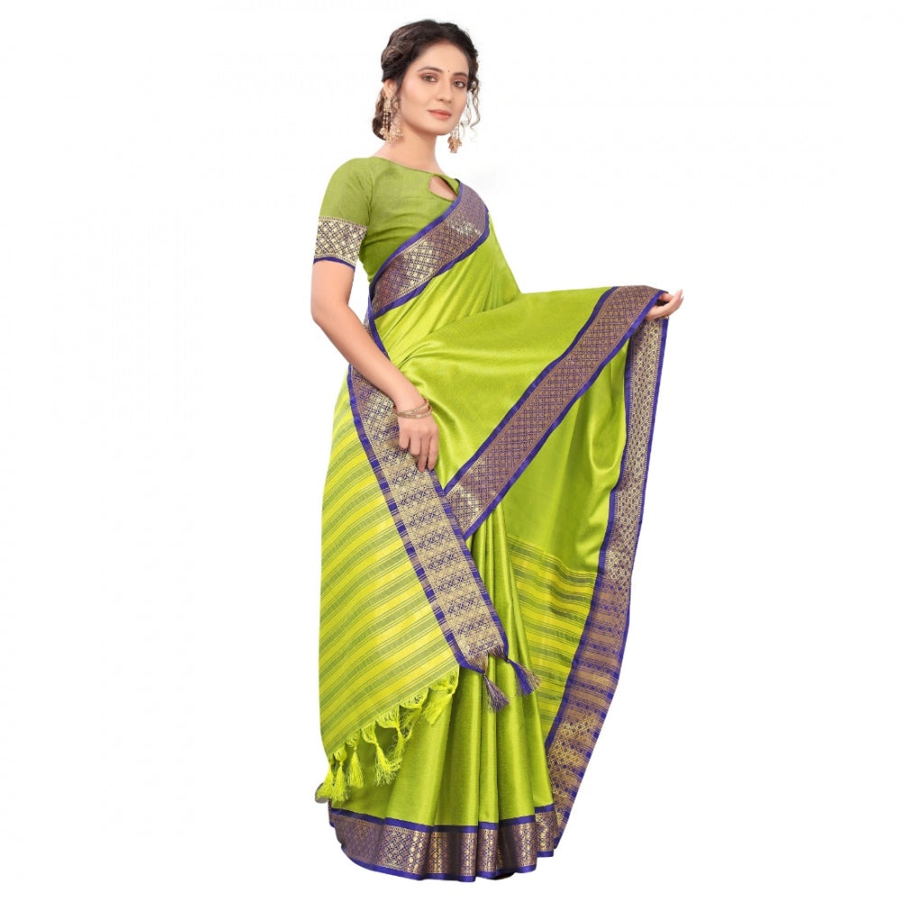 Generic Women's Cotton Silk Saree With Blouse (Parrot Green, 5-6Mtrs)