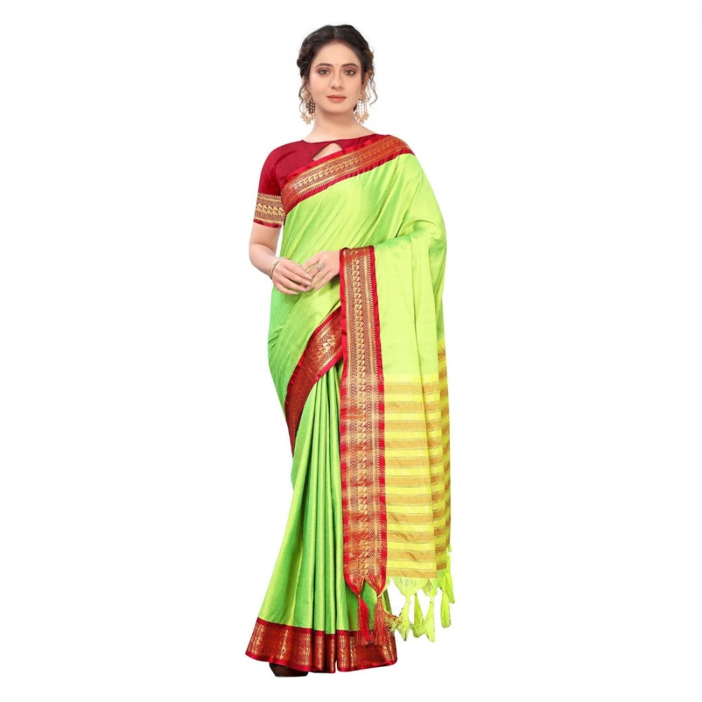 Generic Women's Cotton Silk Saree With Blouse (Parrot Green, 5-6Mtrs)