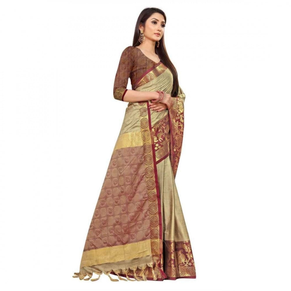 Generic Women's Cotton Silk Saree With Blouse (Beige, 5-6Mtrs)