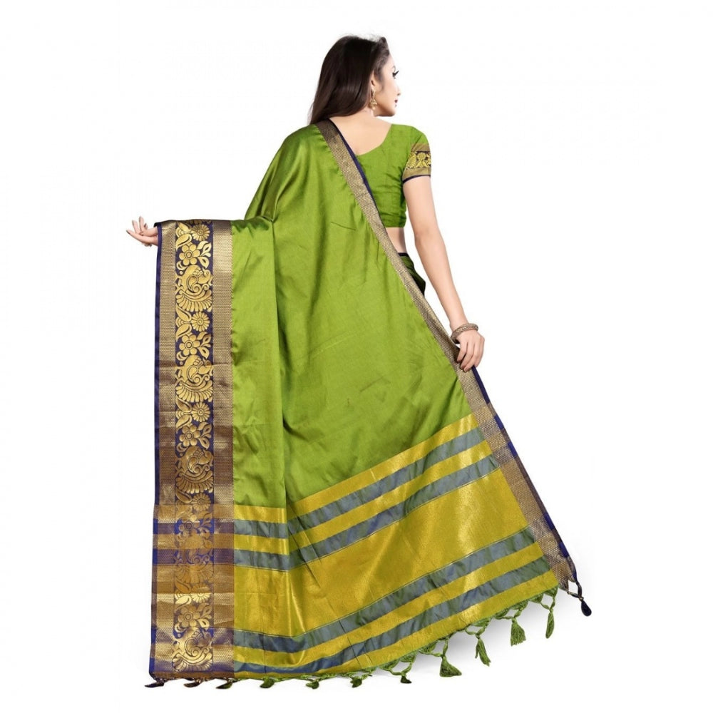 Generic Women's Cotton Silk Saree With Blouse (Mehandi Blue, 5-6Mtrs)