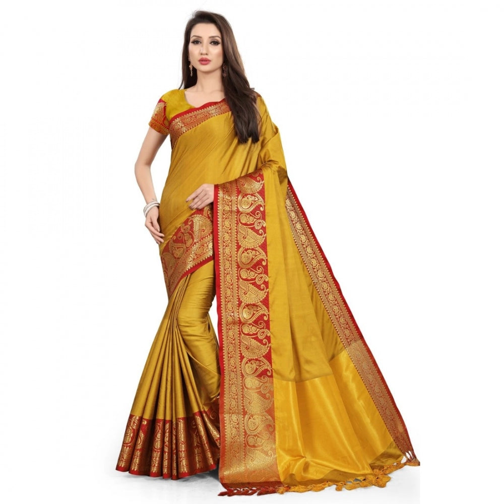 Generic Women's Cotton Silk Saree With Blouse (Mustard Red, 5-6Mtrs)