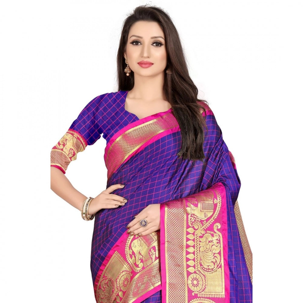 Generic Women's Cotton Silk Saree With Blouse (Blue, 5-6Mtrs)