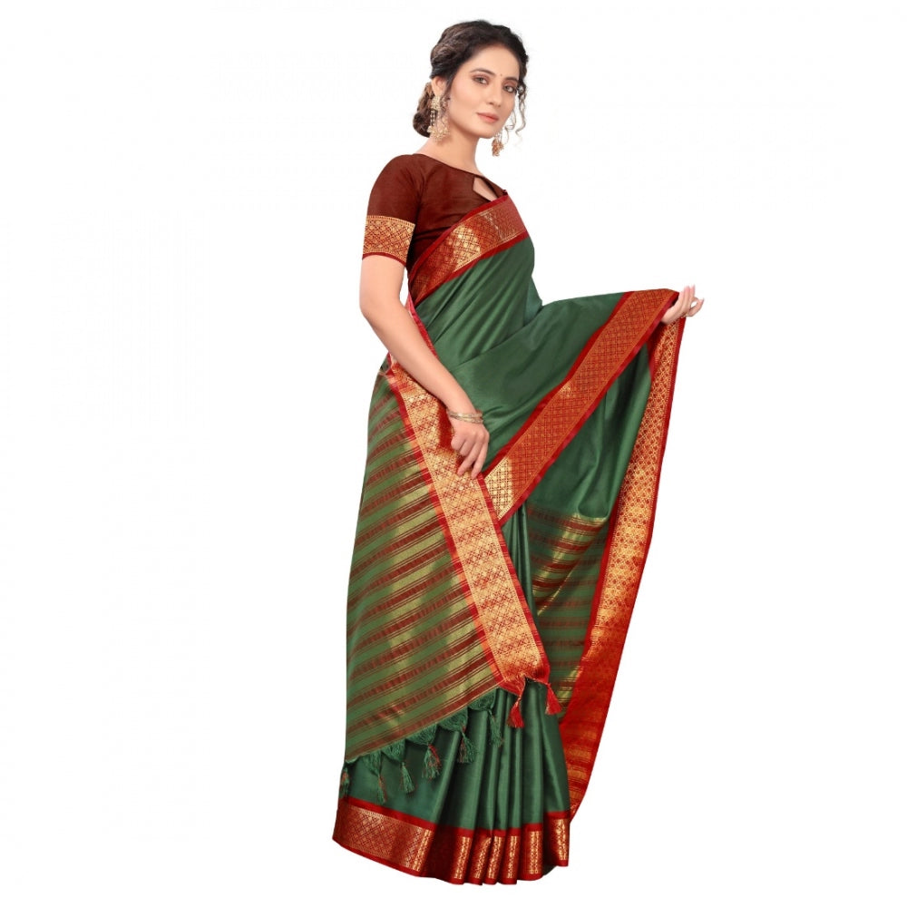 Generic Women's Cotton Silk Saree With Blouse (Green, 5-6Mtrs)