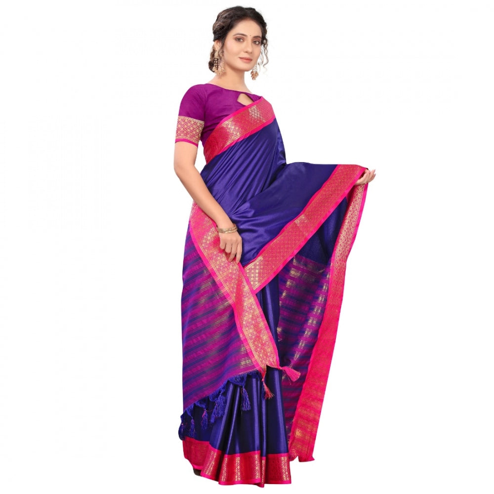 Generic Women's Cotton Silk Saree With Blouse (Blue, 5-6Mtrs)