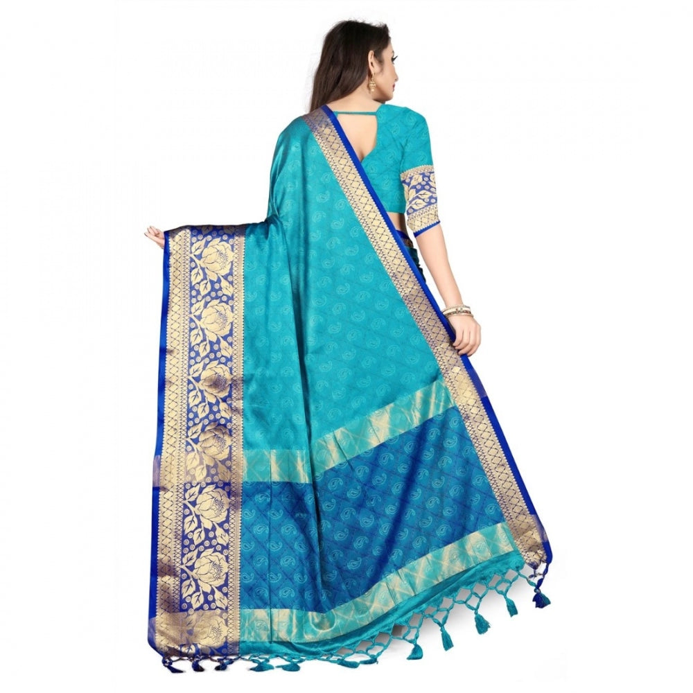 Generic Women's Cotton Silk Saree With Blouse (Navy Blue, 5-6Mtrs)