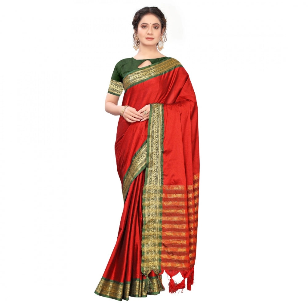 Generic Women's Cotton Silk Saree With Blouse (Red, 5-6Mtrs)