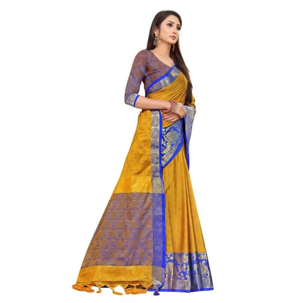 Generic Women's Cotton Silk Saree With Blouse (Yellow, 5-6Mtrs)