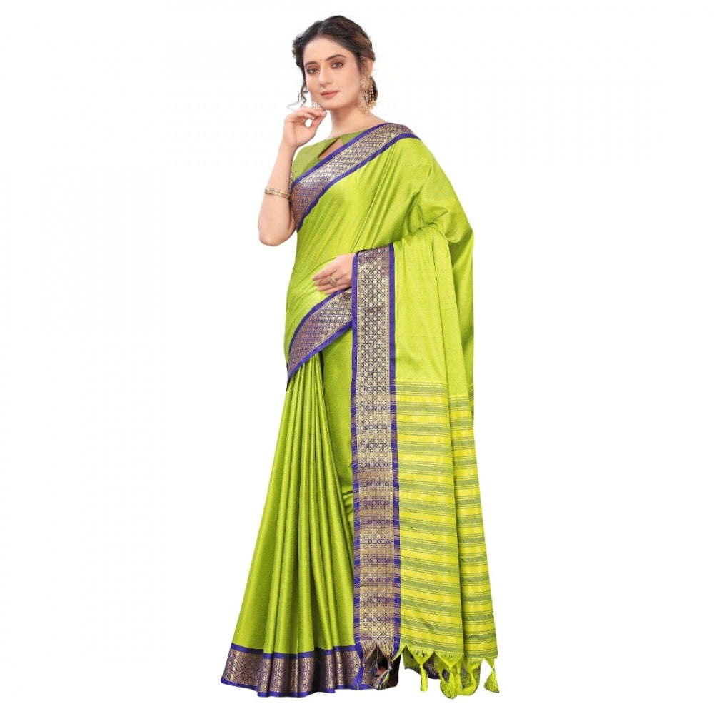 Generic Women's Cotton Silk Saree With Blouse (Parrot Green, 5-6Mtrs)