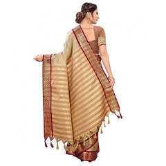 Generic Women's Cotton Silk Saree With Blouse (Beige, 5-6Mtrs)