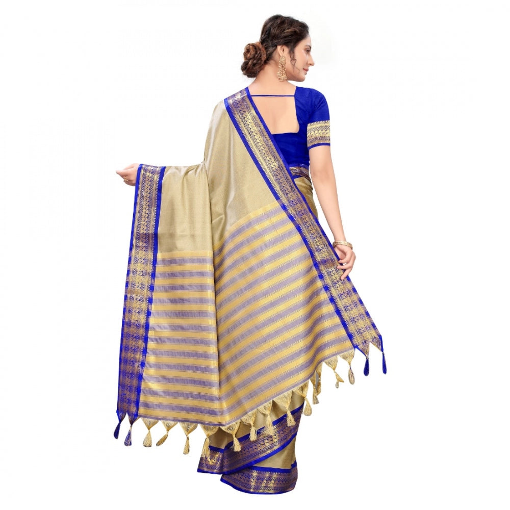 Generic Women's Cotton Silk Saree With Blouse (Blue, 5-6Mtrs)