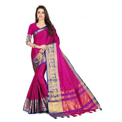 Generic Women's Cotton Silk Saree With Blouse (Blue, 5-6Mtrs)