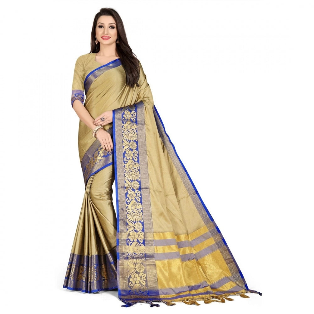 Generic Women's Cotton Silk Saree With Blouse (Blue, 5-6Mtrs)