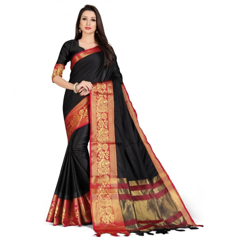 Generic Women's Cotton Silk Saree With Blouse (Red, 5-6Mtrs)