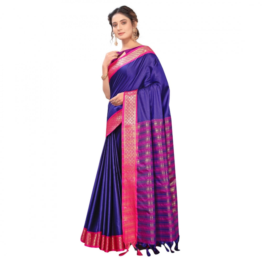 Generic Women's Cotton Silk Saree With Blouse (Blue, 5-6Mtrs)