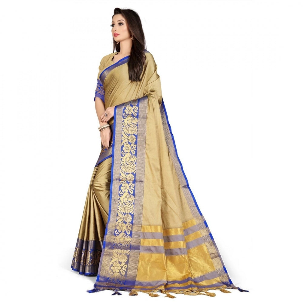 Generic Women's Cotton Silk Saree With Blouse (Blue, 5-6Mtrs)