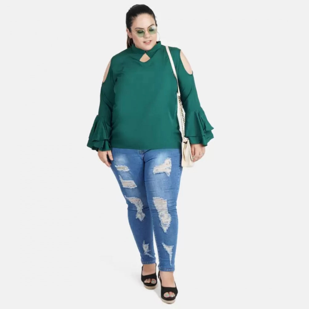 Generic Women's Casual Bell Sleeve Solid Green Top (Color:Green, Material:Crepe)