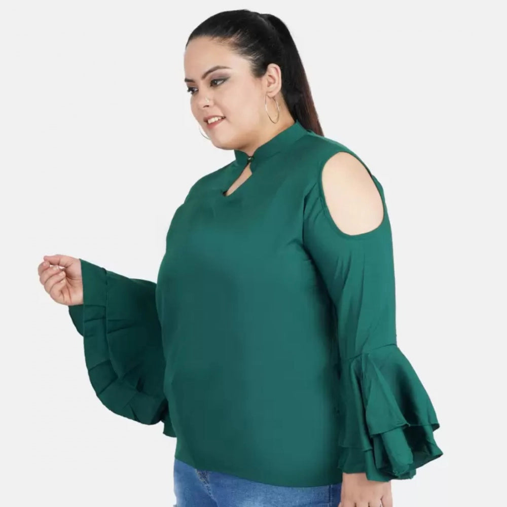 Generic Women's Casual Bell Sleeve Solid Green Top (Color:Green, Material:Crepe)