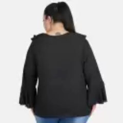 Generic Women's Casual Bell Sleeve Solid Black Top (Color:Black, Material:Georgette)