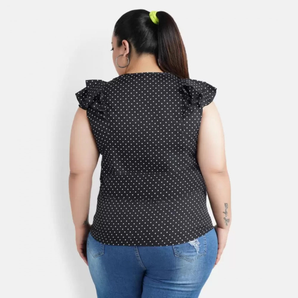 Generisches, lässiges schwarzes Top mit Flatterärmeln und Polka-Print für Damen (Farbe: Schwarz, Material: Krepp)